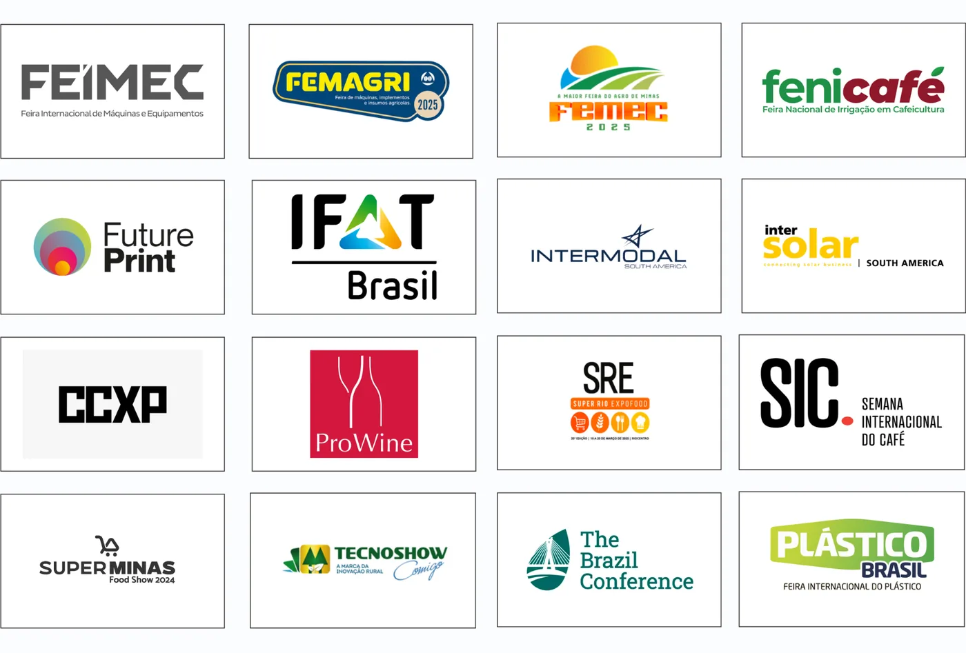 Logos de feiras atendidas: FEIMEC, FEMAGRI, FEMEC, Fenicafé, Future Print, IFAT Brasil, Intermodal, Intersolar, CCXP, ProWine, SRE, SIC, Superminas, Tecnoshow, The Brazil Conference e Plástico Brasil