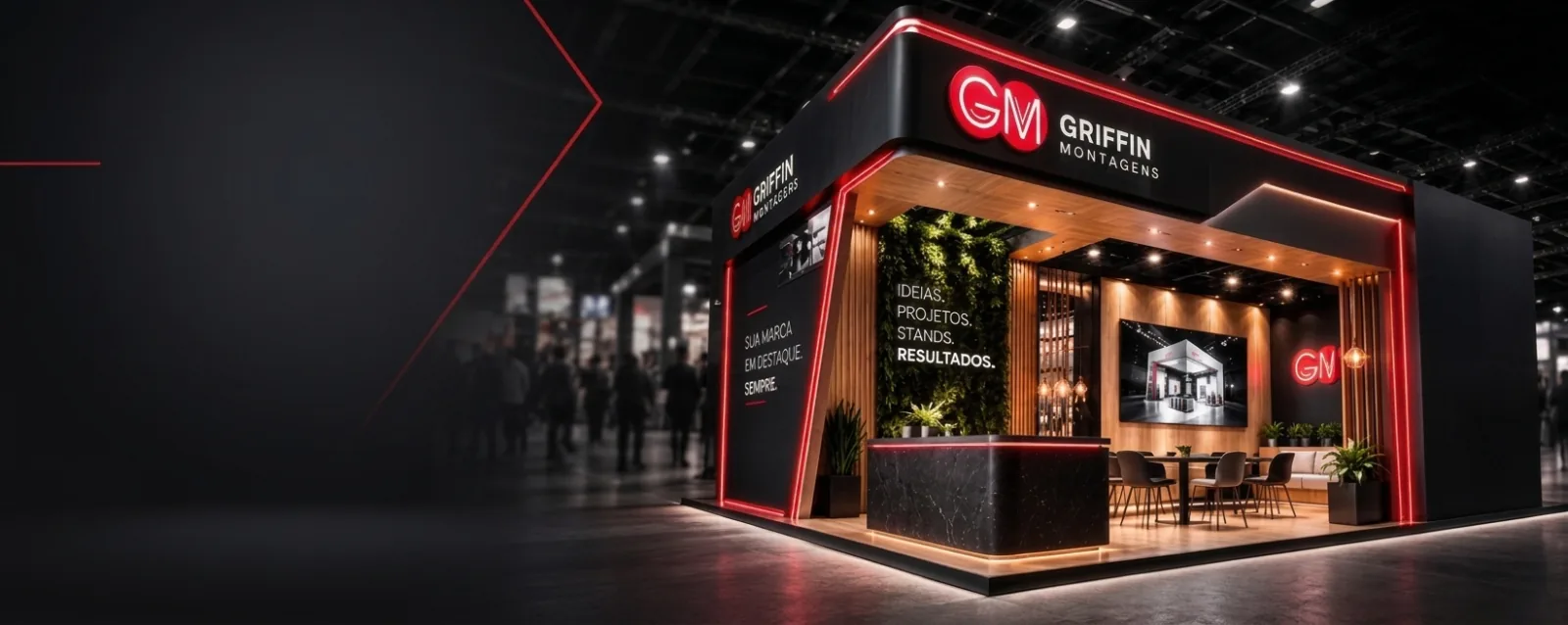 Stand da Griffin Montagens montado em feira, com iluminação em LED vermelho